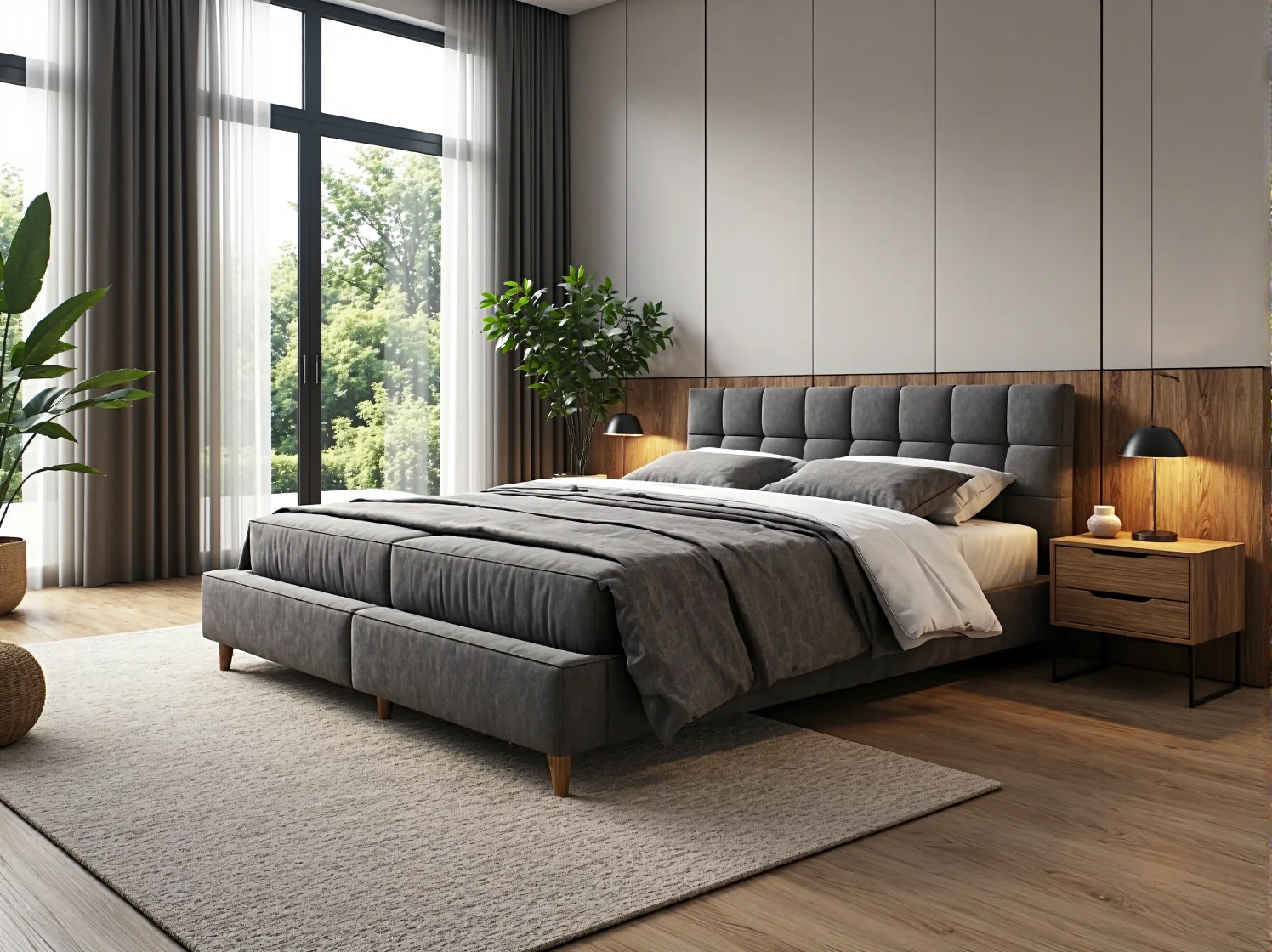 Tapicerowane łóżko dwuosobowe szare z pikowanym zagłówkiem