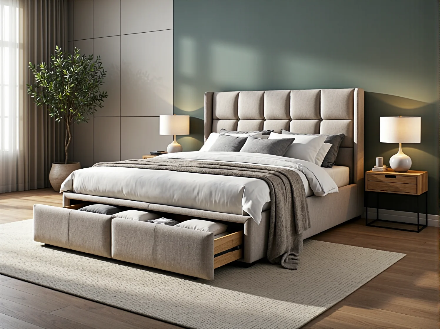 Tapicerowane łóżko beżowe z szufladami i pikowanym zagłówkiem