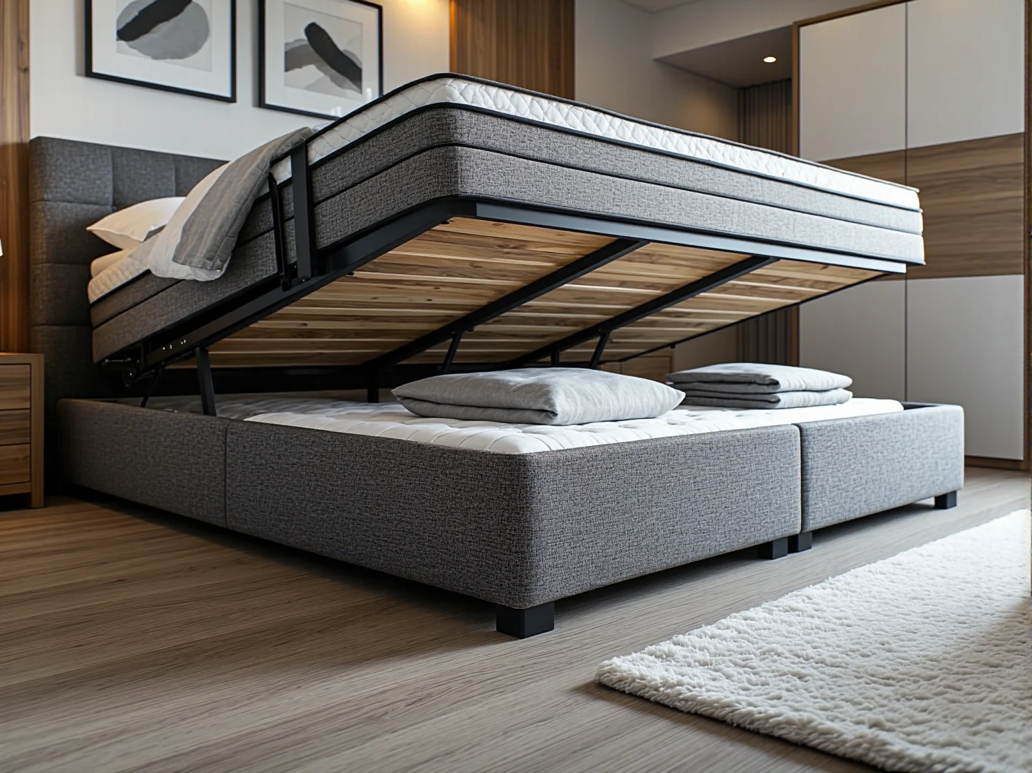 Łóżko kontynentalne z pojemnikiem na pościel – sprytne rozwiązanie do małej sypialni.