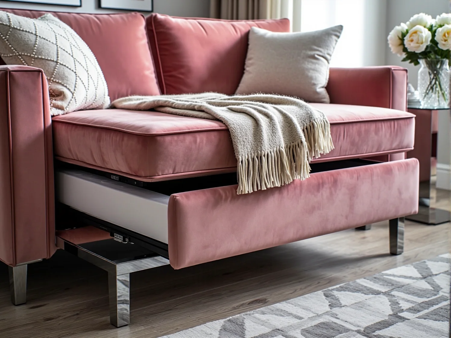 Luksusowa rozkładana kanapa ze złotymi nogami w jasnym wnętrzu