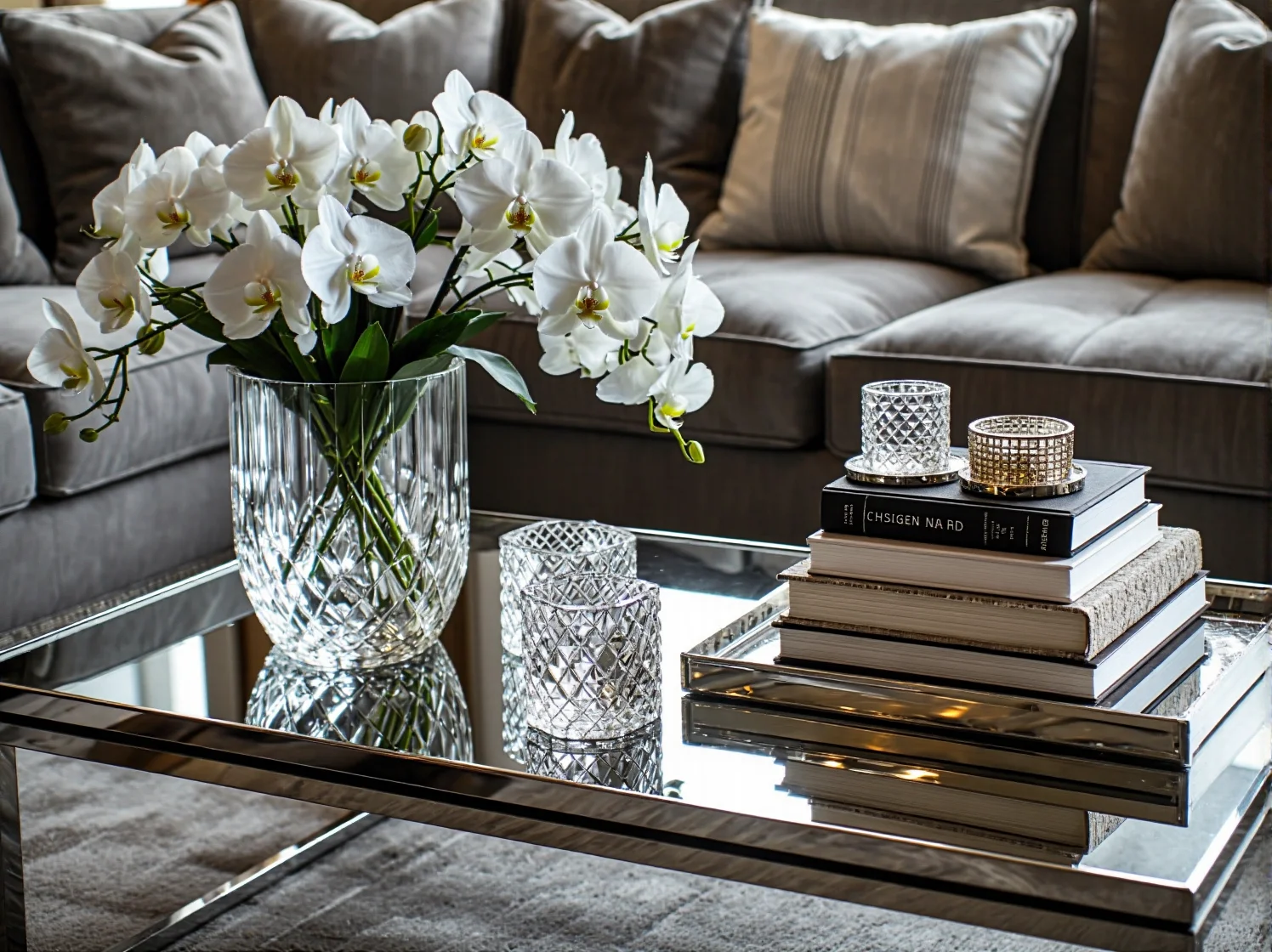 Luksusowe kryształowe dodatki na szklanym stoliku kawowym w jasnym salonie.