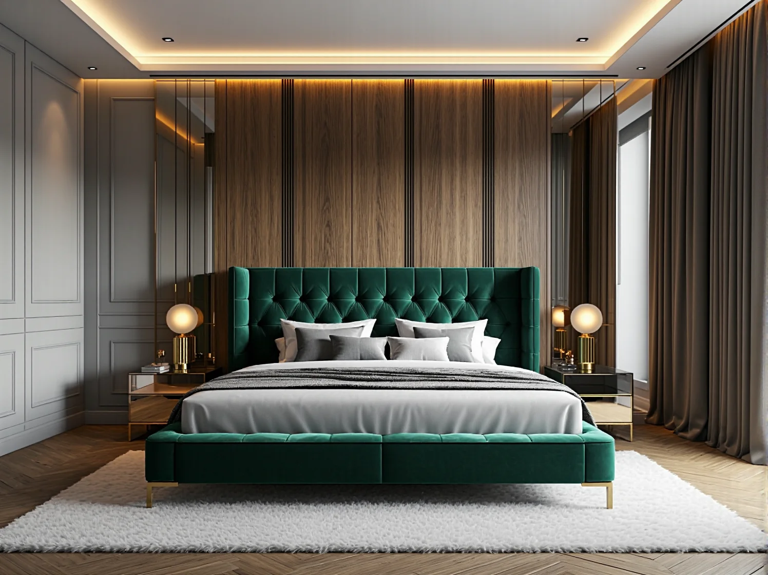 Tapicerowane łóżko butelkowa zieleń z pikowanym zagłówkiem i złotymi nóżkami