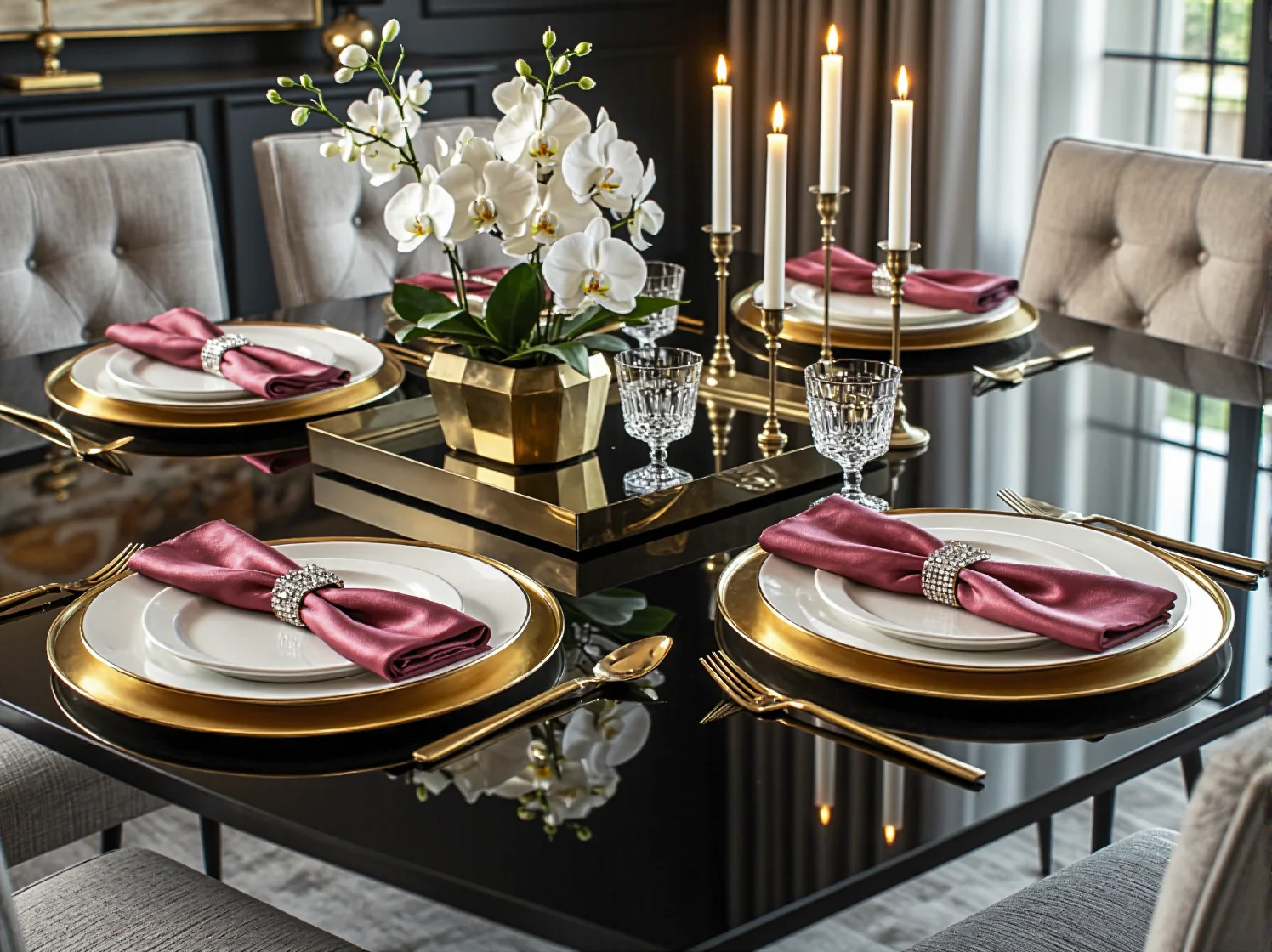 Aranżacja małej jadalni z dużym lustrem powiększającym przestrzeń.