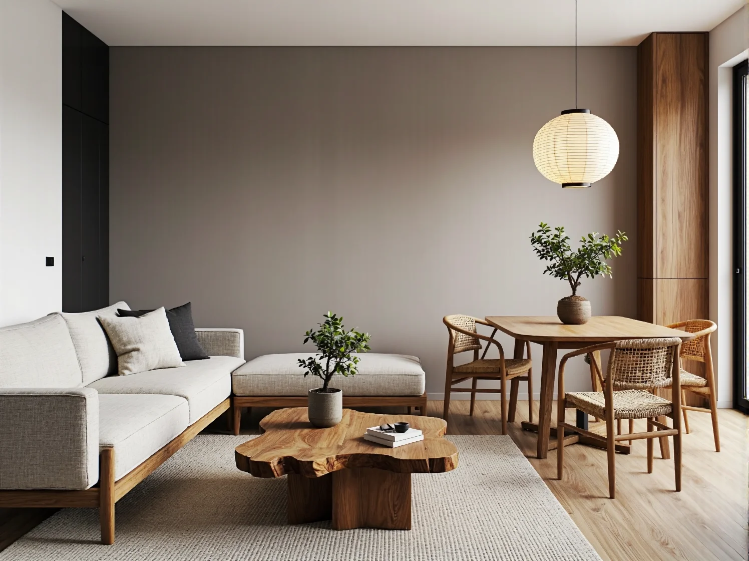 Narożna sofa jasnoszara na drewnianej ramie z naturalnym stolikiem