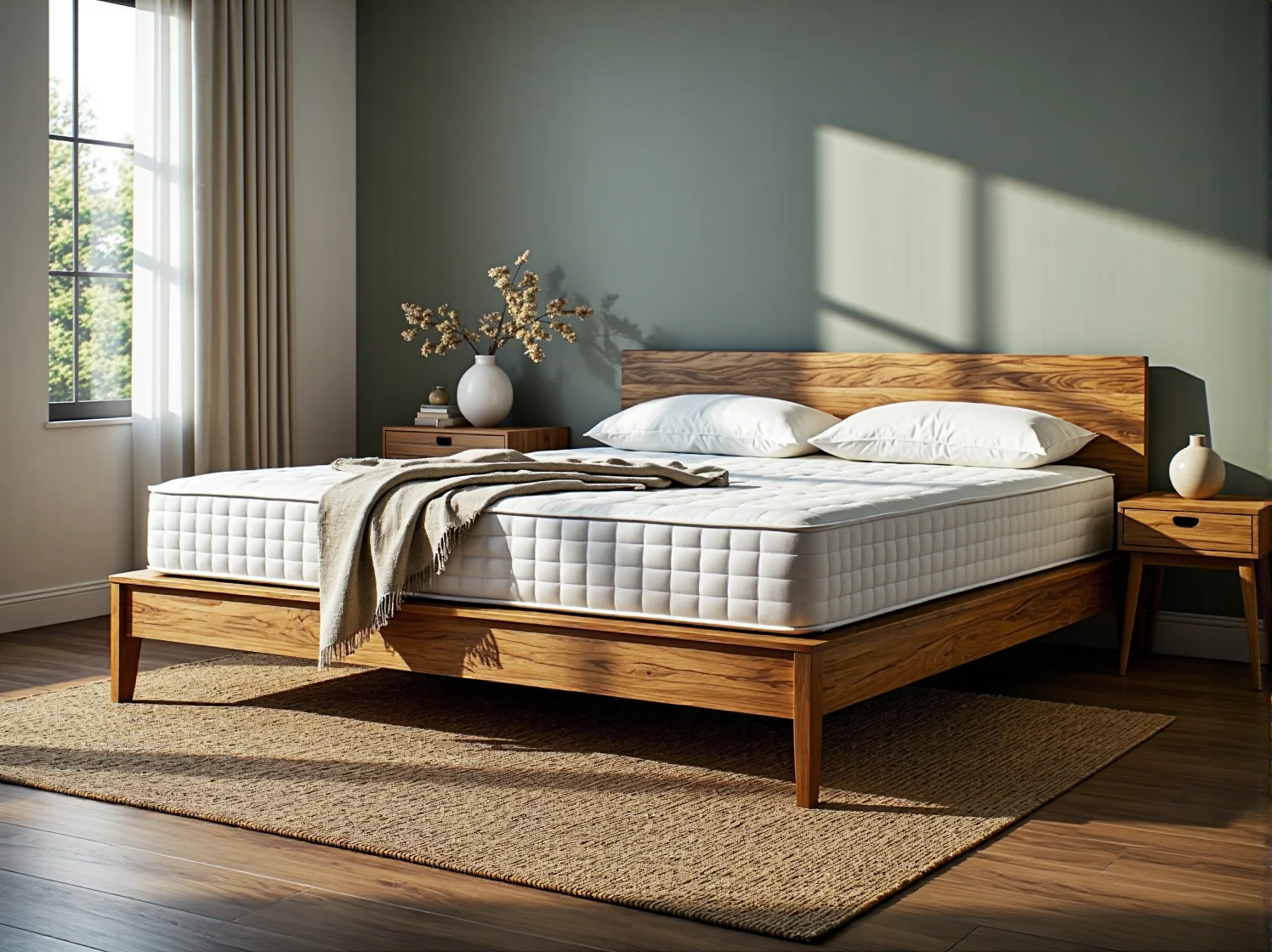 Drewniane łóżko dwuosobowe dębowe z wysokim zagłówkiem