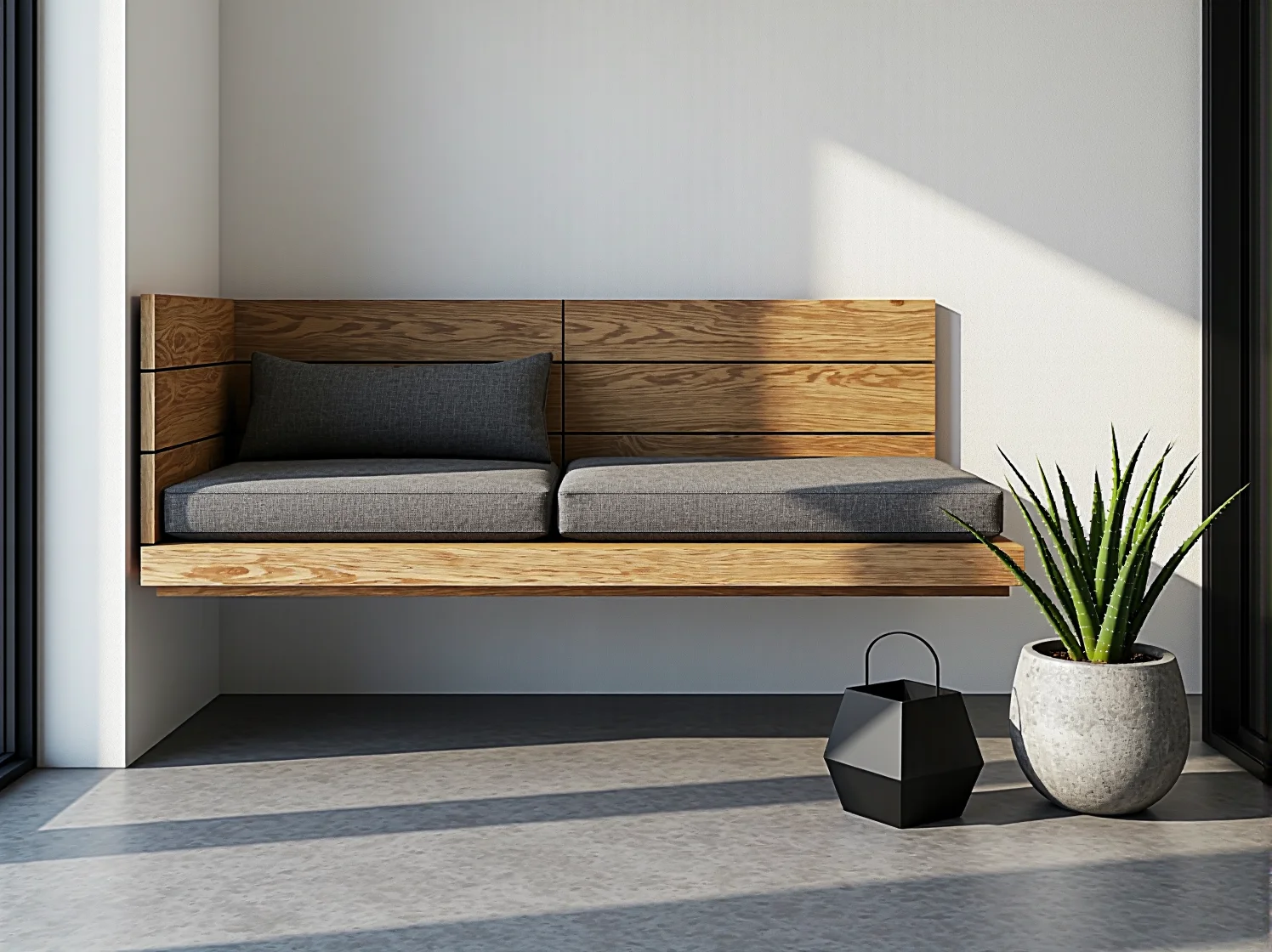 Nowoczesne meble na balkon w stylu minimalistycznym, drewniane krzesła i mały stolik.