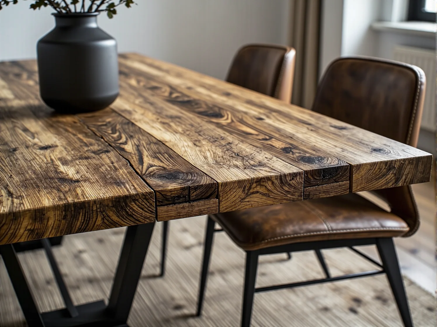 Stolik kawowy z upcyclingu łączący stare drewno z surową stalą w stylu loft.