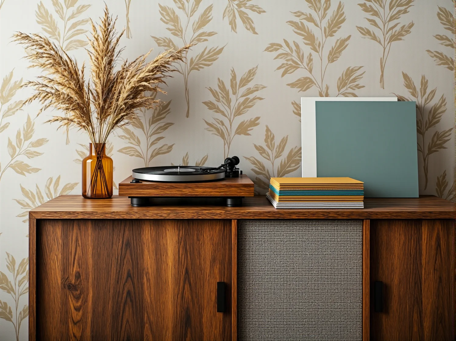 Wygodny uszak retro i drewniany stolik kawowy tworzące kącik z duszą w salonie.