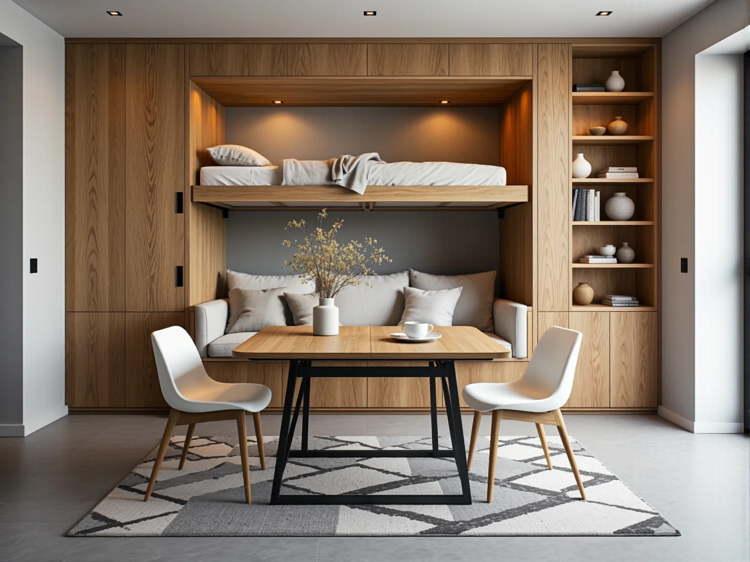 Dębowa zabudowa meblowa z łóżkiem piętrowym i półkami