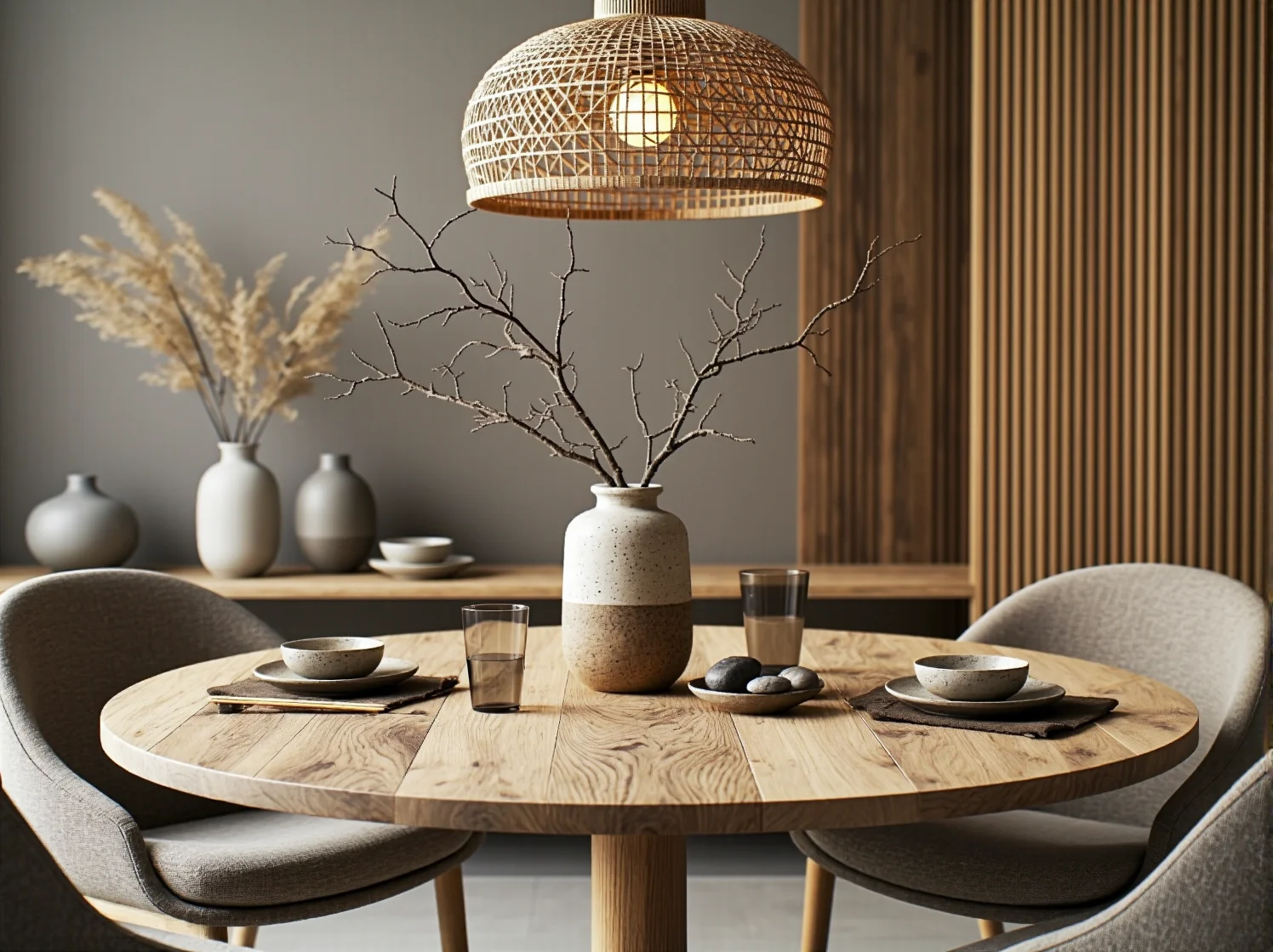 Minimalistyczne lampy z naturalnych materiałów nad stolikami