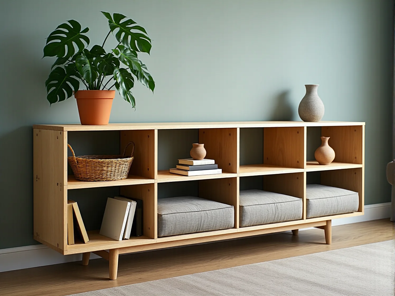 Minimalistyczny biały regał z drewnem w skandynawskiej aranżacji.