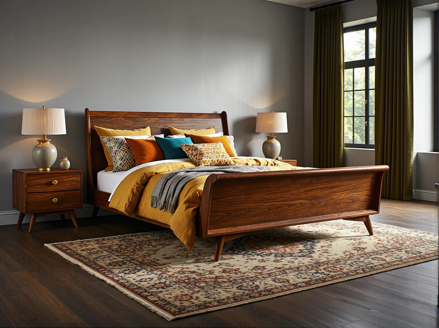 Drewniane łóżko dwuosobowe orzechowe z wygiętym zagłówkiem na skośnych nóżkach