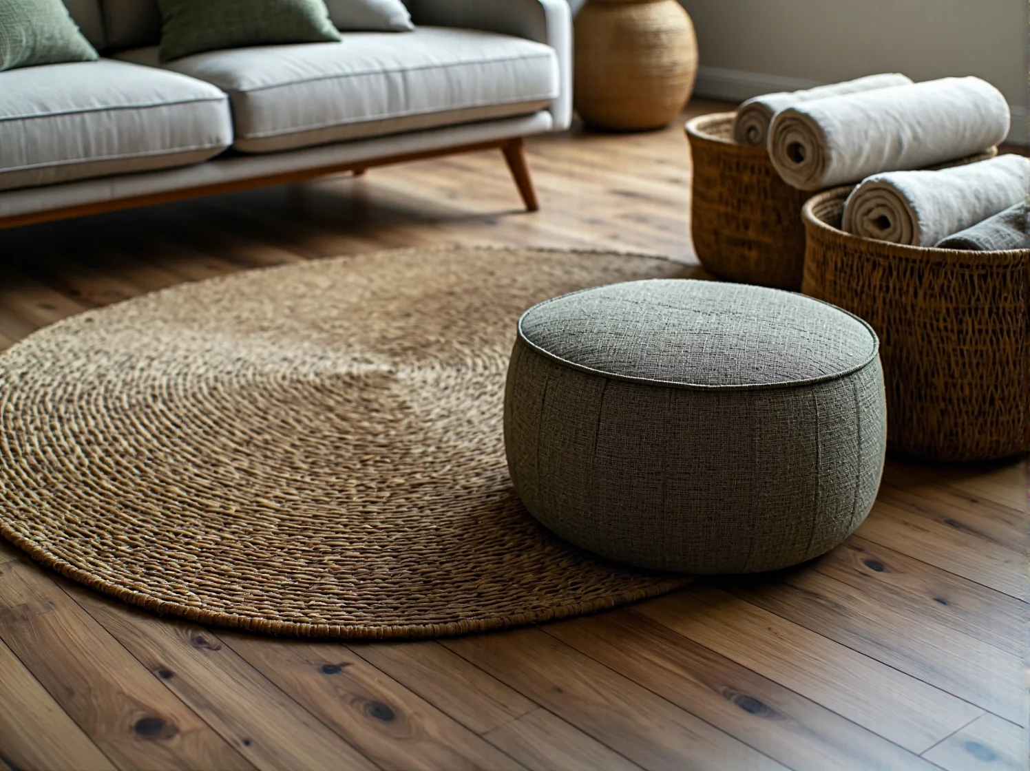 Naturalne materiały jak kamień i jasne drewno w ekologicznej przestrzeni domowej.