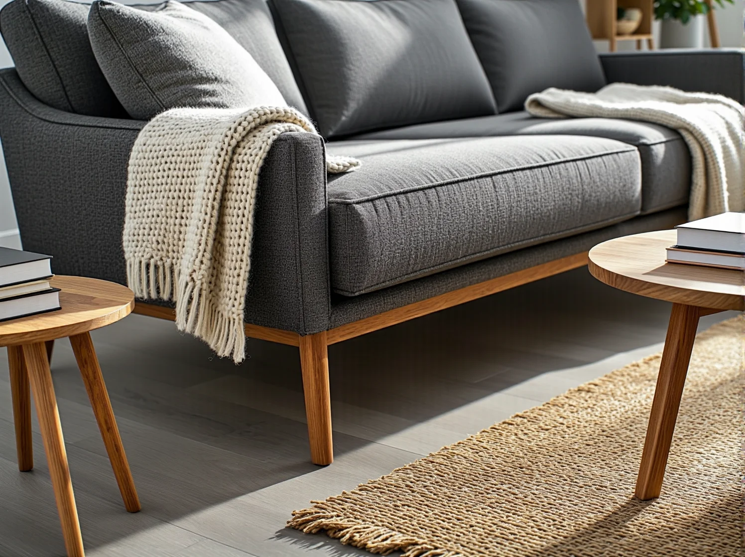 Próbki naturalnych materiałów tapicerskich: lnu i wełny na drewnianym stole.