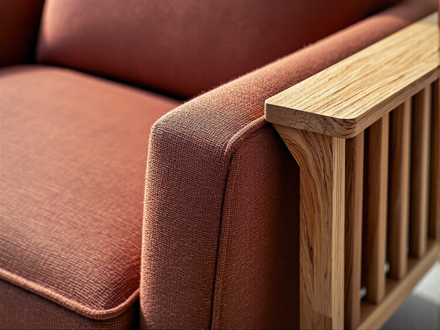 Zbliżenie na naturalne tkaniny obiciowe i bezpieczne dla zdrowia wypełnienie.