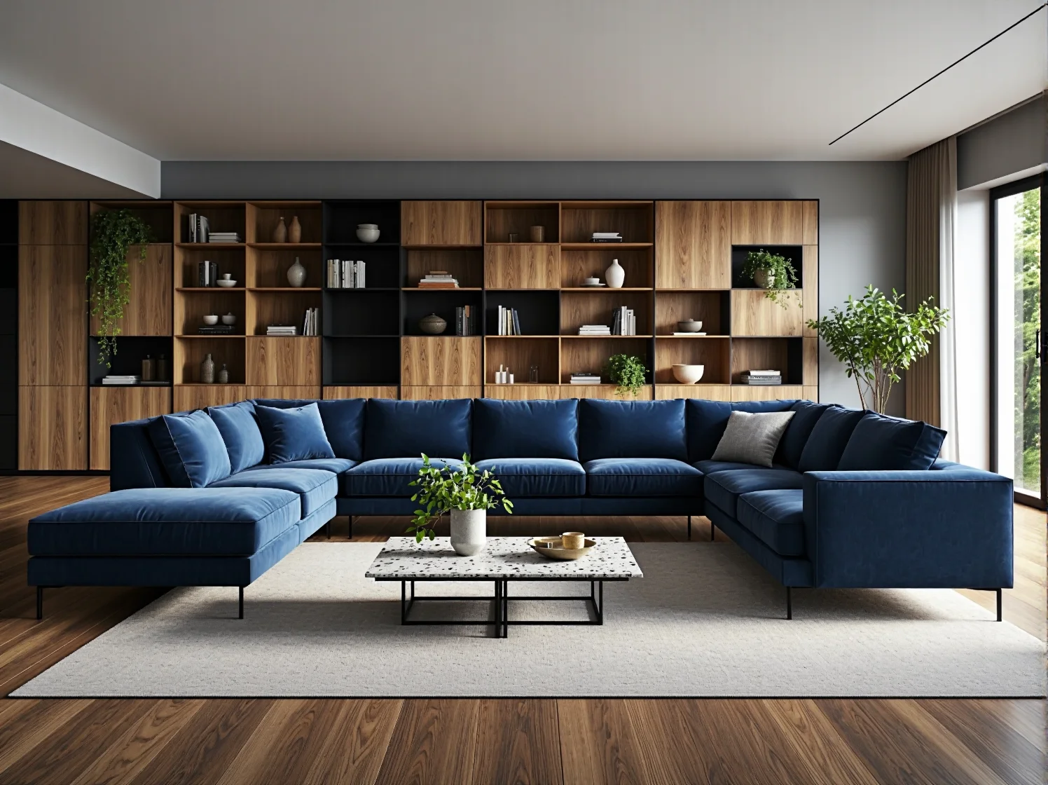 Narożnik wypoczynkowy granatowy w kształcie litery U na metalowych nóżkach