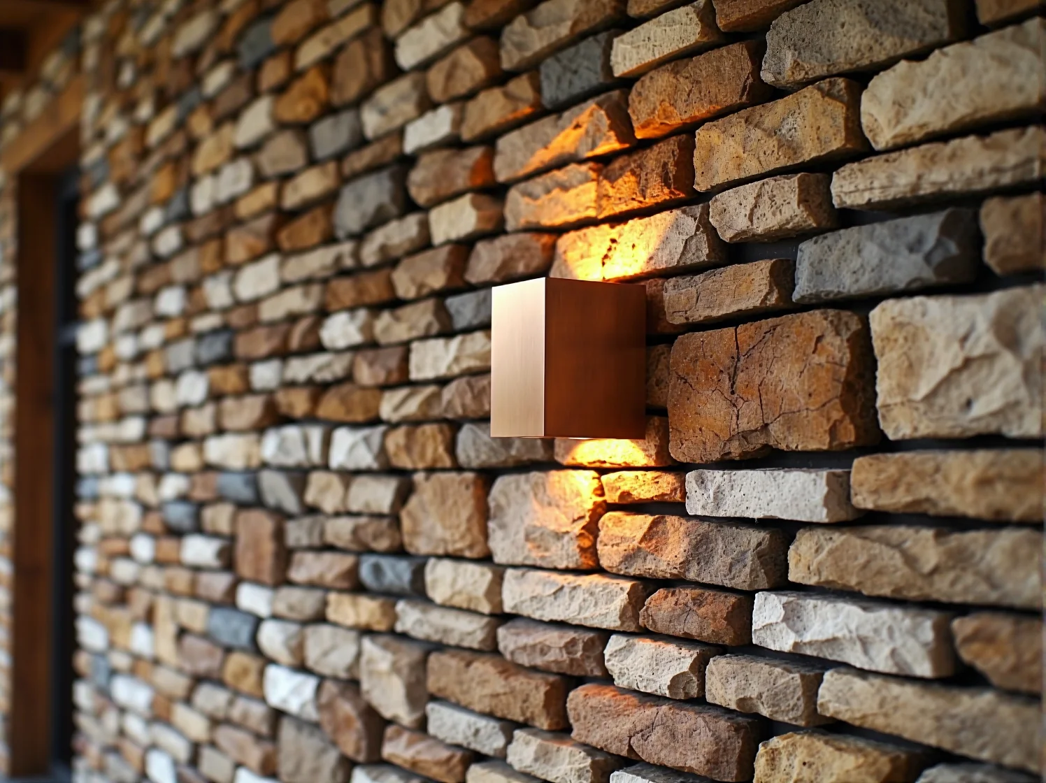 Nowoczesna oprawa ścienna idealnie dopasowana do tradycyjnej kamiennej elewacji.