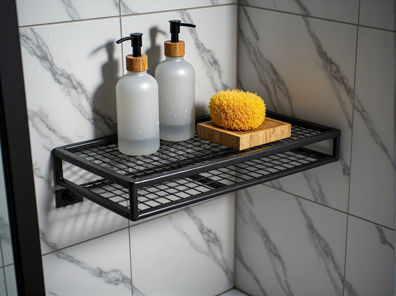 Nowoczesny metalowy regał narożny pod prysznic na kosmetyki, idealny do małej łazienki.