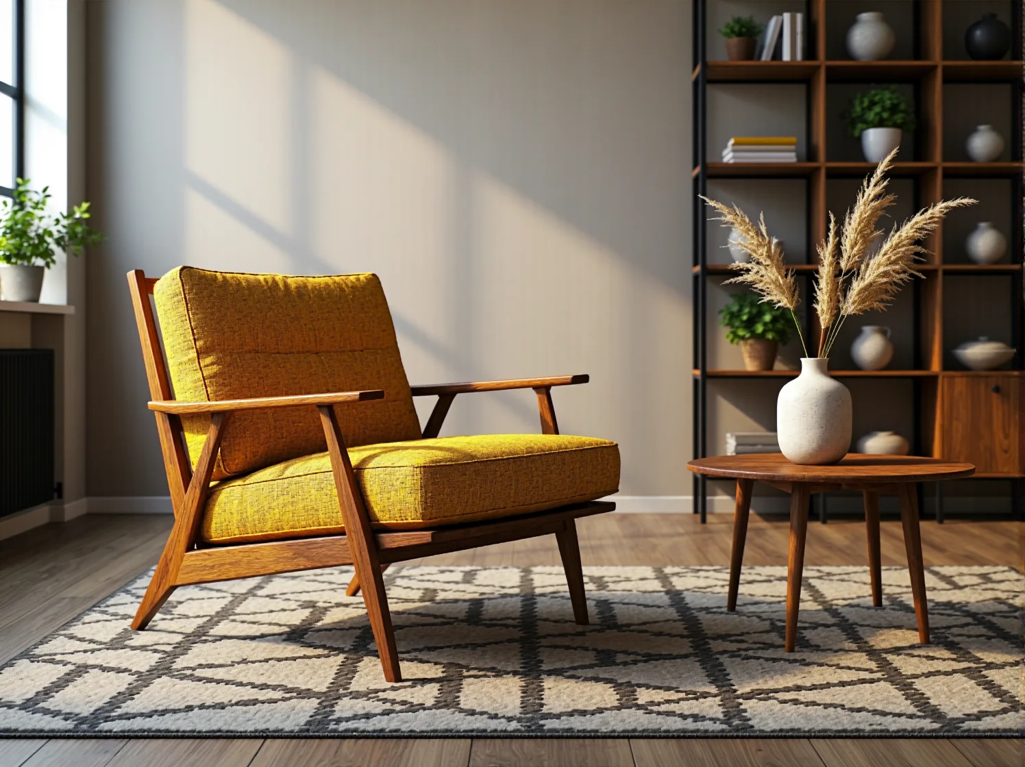 Musztardowy fotel retro z drewnianym stelażem i podłokietnikami