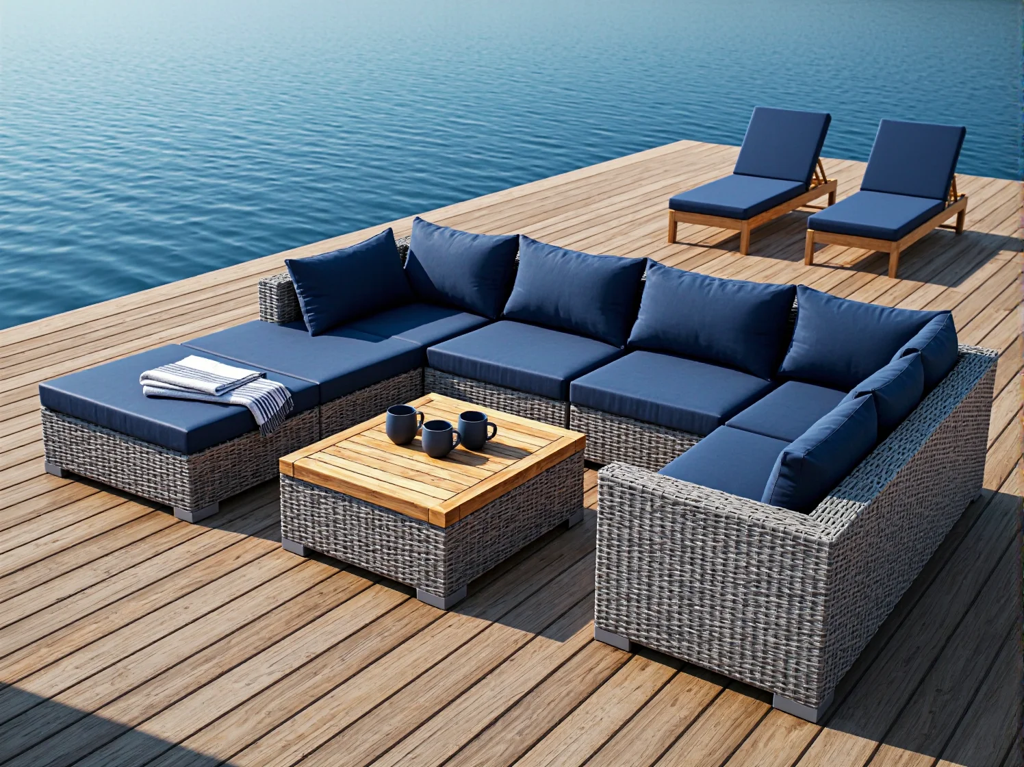 Narożnik ogrodowy z rattanu z granatowymi poduszkami i stolikiem