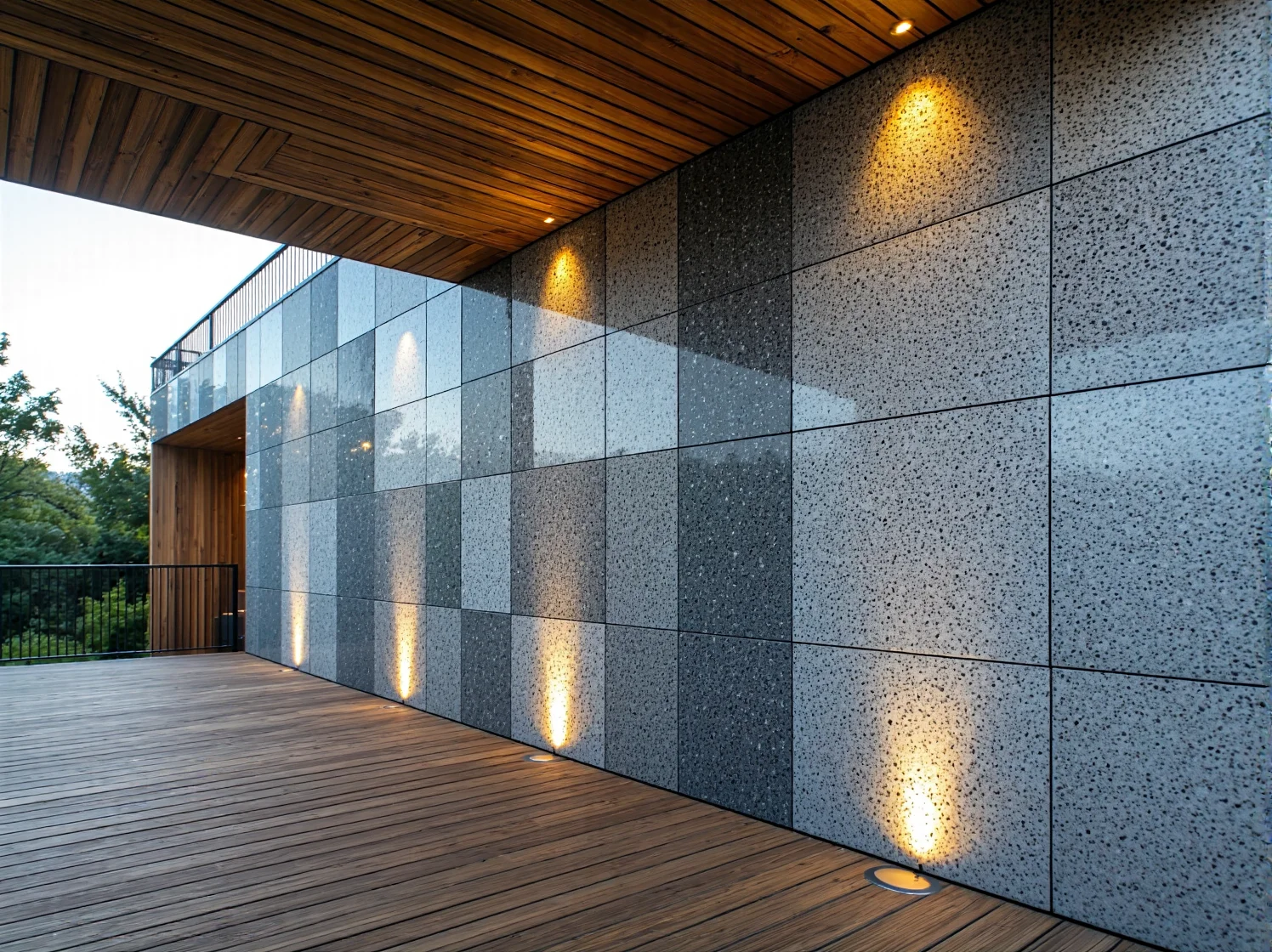Oświetlenie architektoniczne uwydatniające strukturę ściany z kamienia.