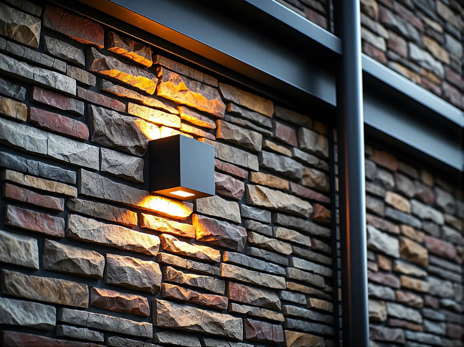 Ciepła barwa światła oprawy LED tworząca przytulny klimat na kamiennej elewacji.