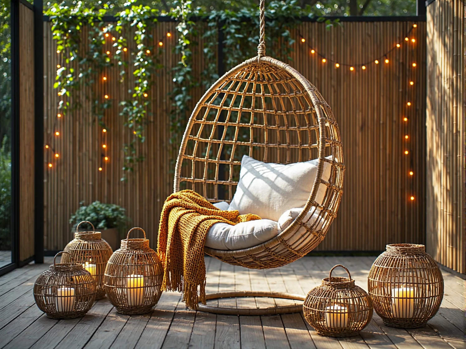 Klimatyczne oświetlenie LED na tarasie pełnym roślin i rattanowych mebli.