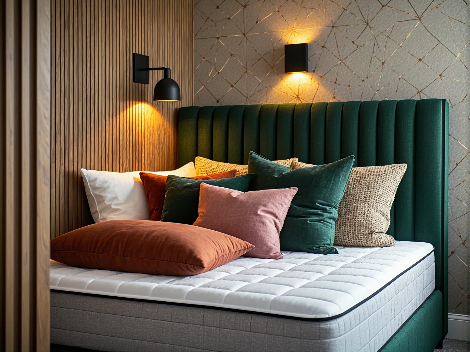 Kinkiety ścienne nad łóżkiem kontynentalnym oszczędzające miejsce na szafki nocne.