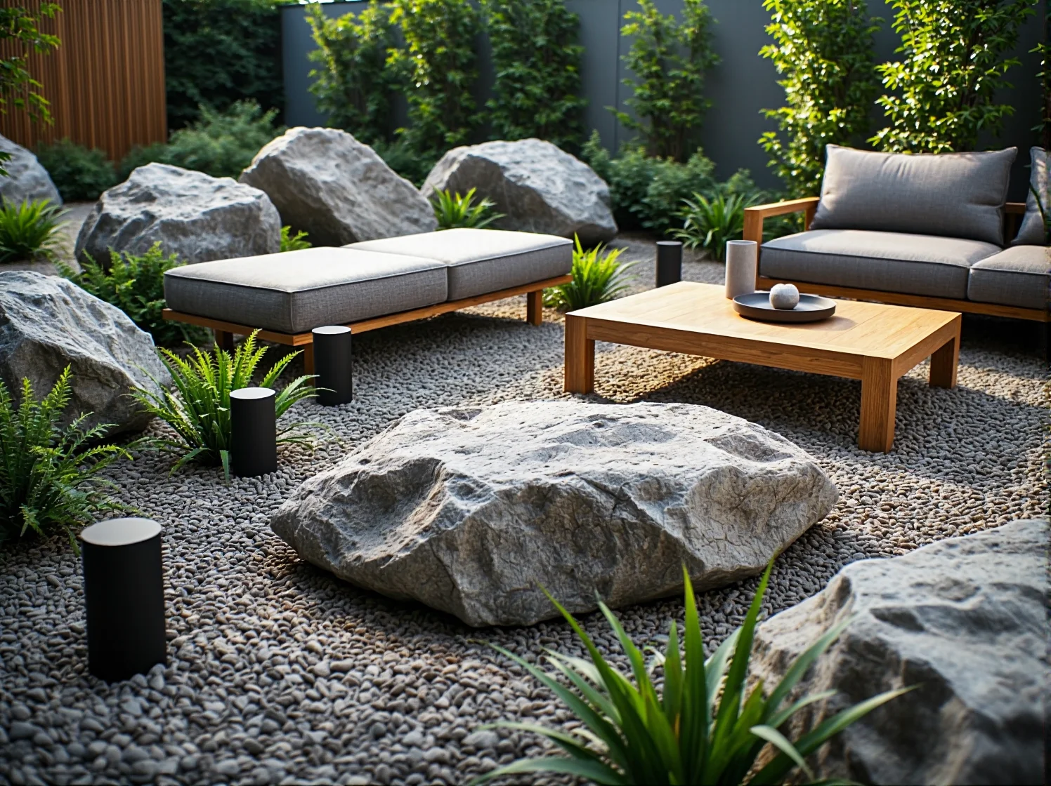 Zestaw mebli ogrodowych drewnianych z szarymi poduszkami