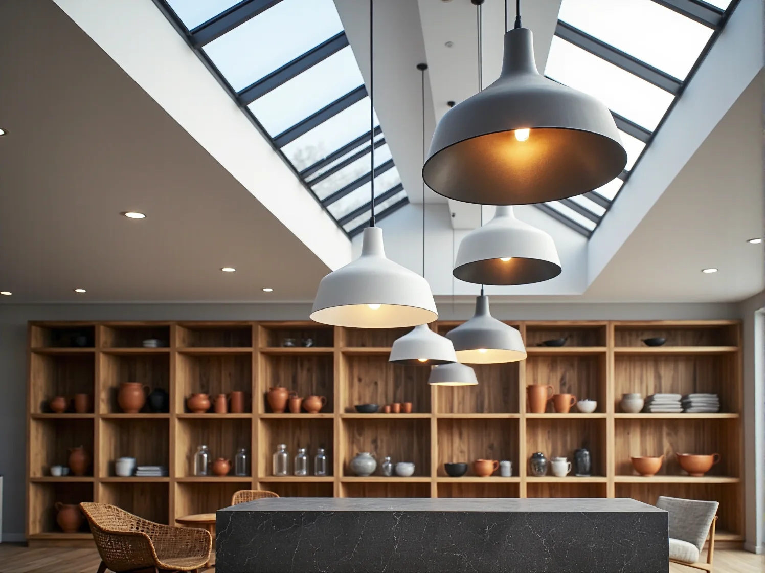 Minimalistyczne oświetlenie nad wyspą kuchenną w dzień.