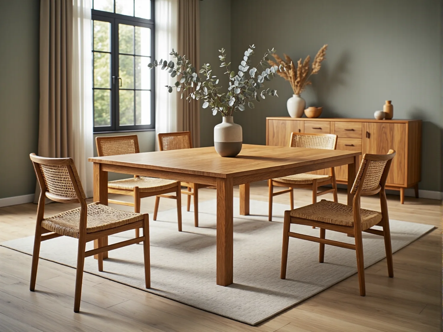 Drewniany stół jadalniany dębowy z czterema krzesłami z rattanowym siedziskiem