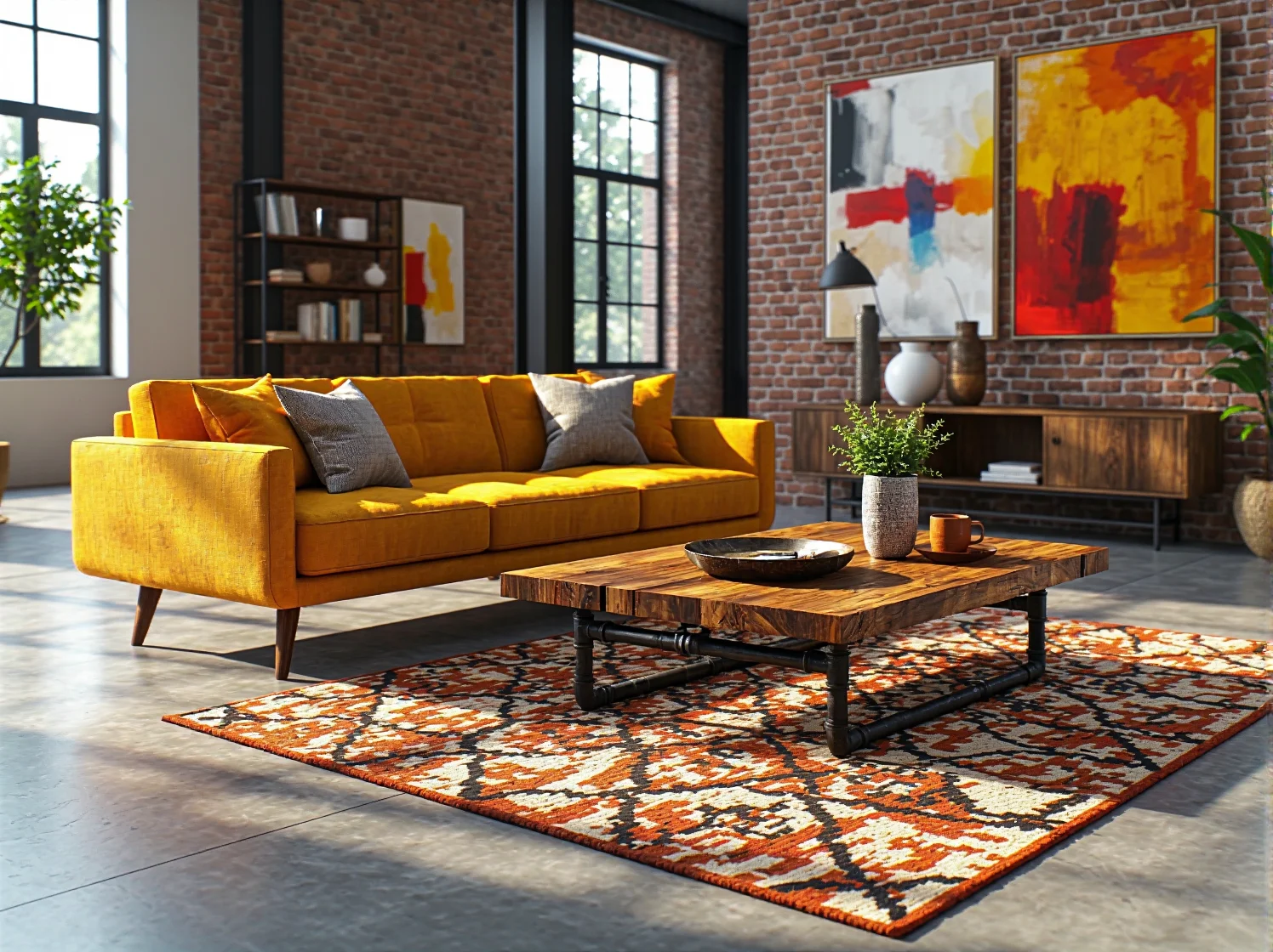 Musztardowa sofa trzyosobowa na drewnianych nóżkach z poduszkami