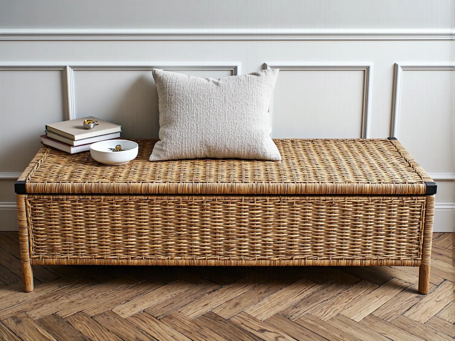 Wygodna ławka do przedpokoju ze schowkiem pod siedziskiem, praktyczne rozwiązanie do małych wnętrz.