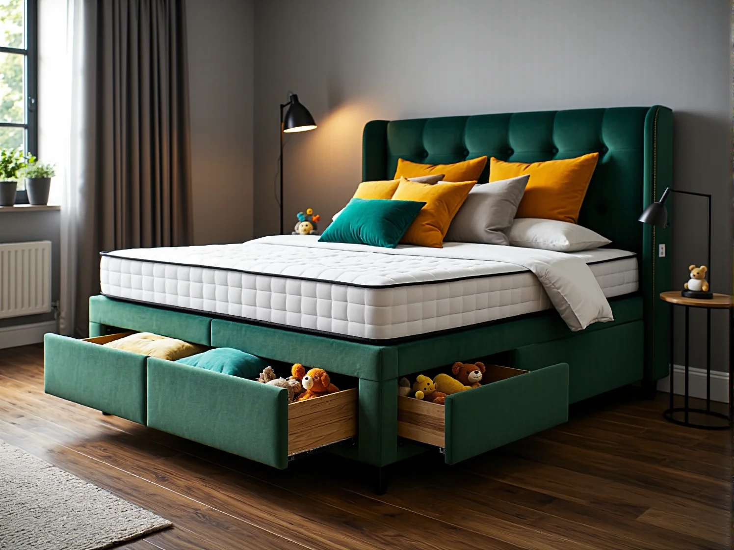 Rodzinne łóżko kontynentalne zapewniające wygodę i dodatkową przestrzeń.