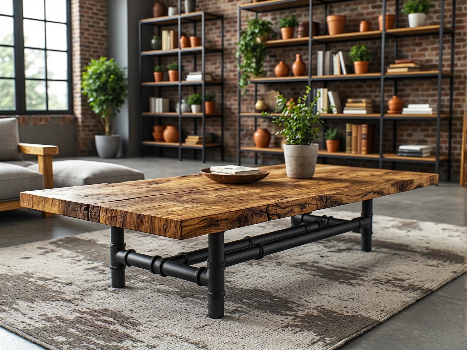 Industrialny stolik kawowy z drewna na metalowych nogach