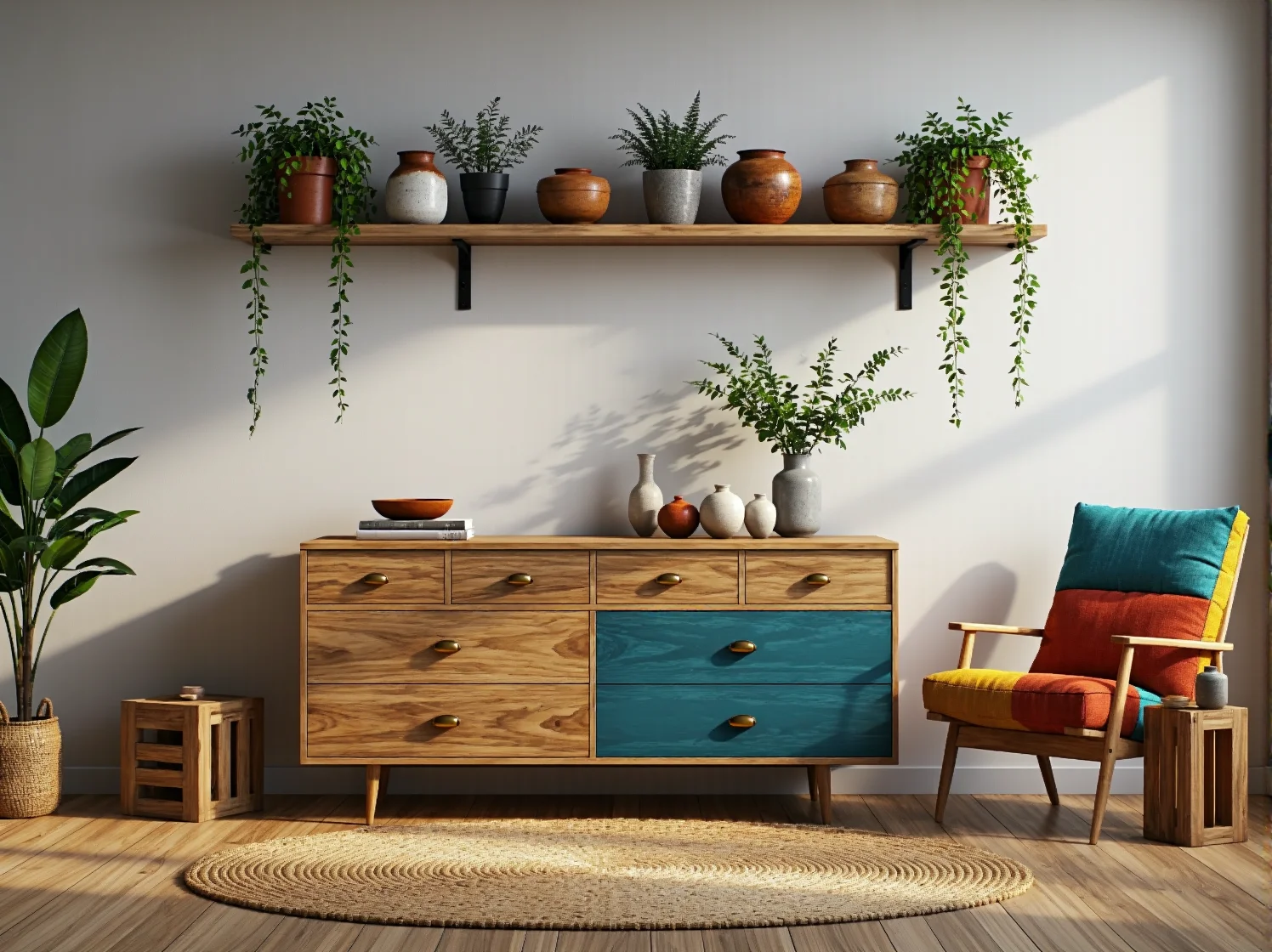 Drewniana komoda z szufladami w kolorze dębu i turkusu