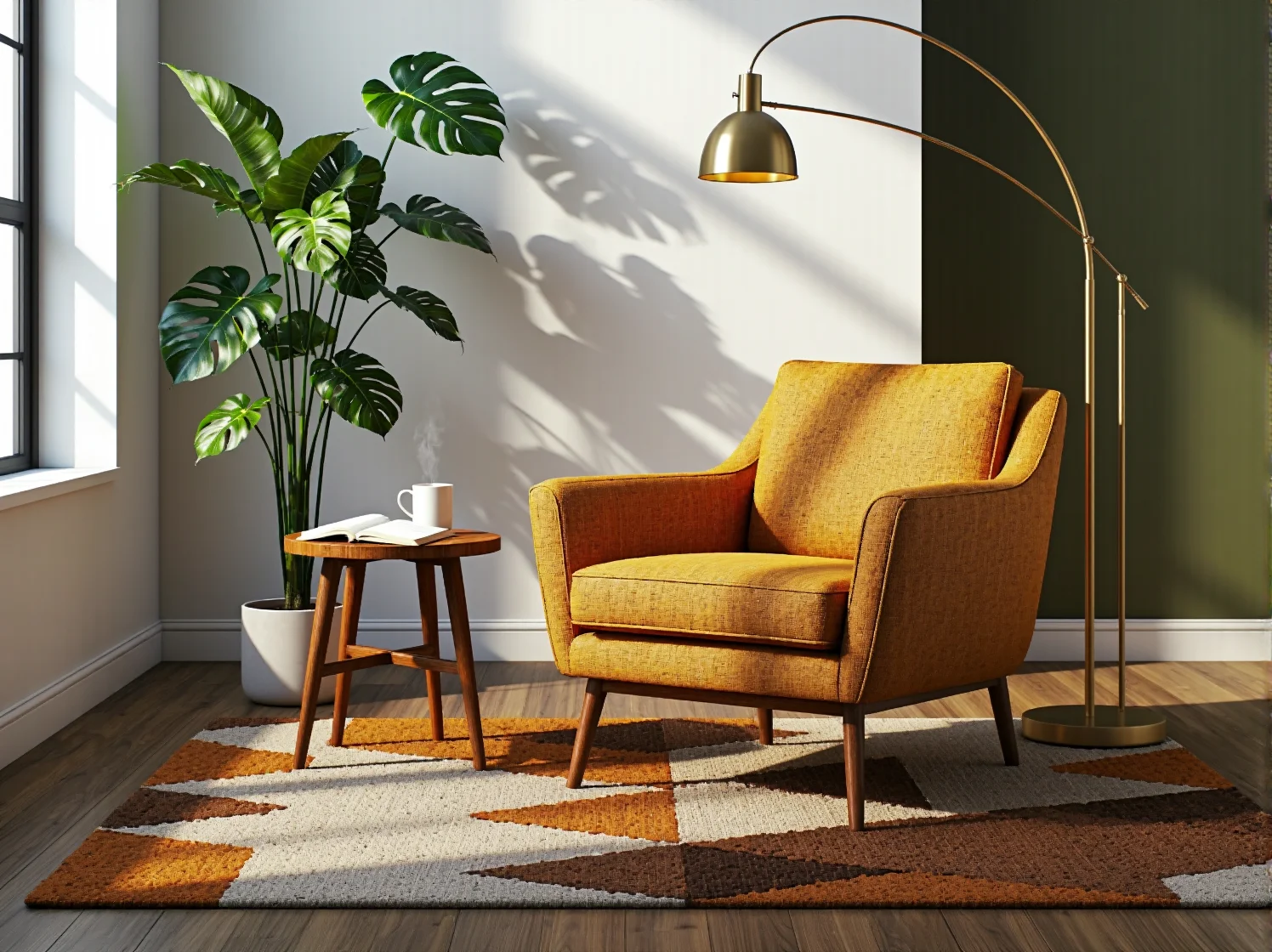 Musztardowy fotel tapicerowany na drewnianych nogach w stylu retro