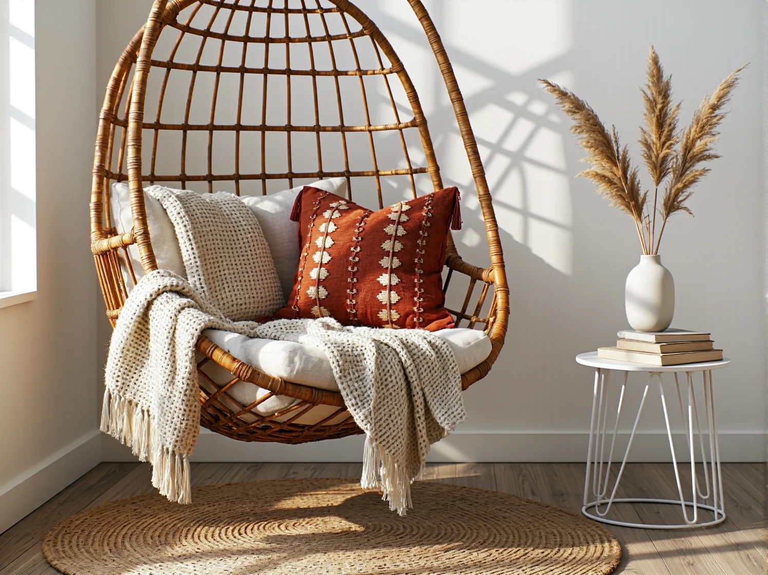 Przytulna sypialnia łącząca minimalizm scandi z makramą.