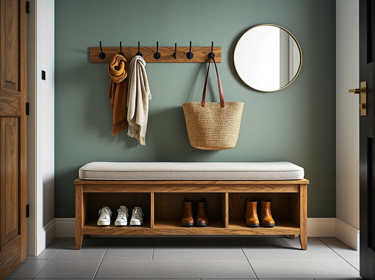 Dębowa ławka przedpokojowa z półkami na buty i tapicerowanym siedziskiem