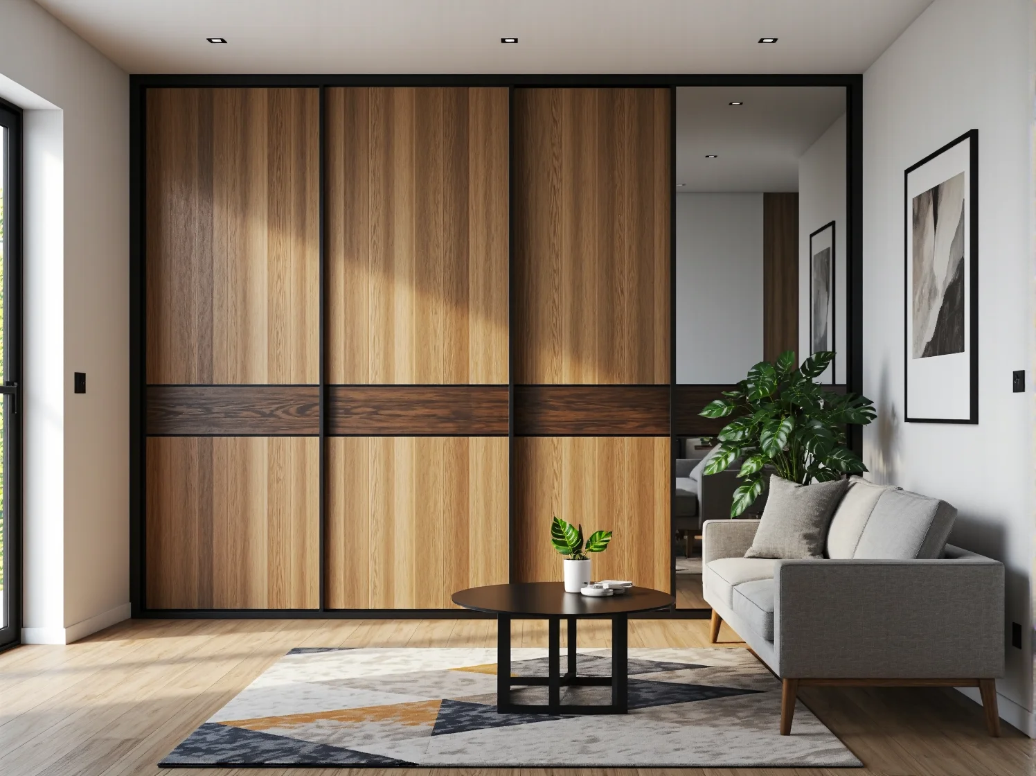 Nowoczesna szafa przesuwna dębowa z czarnymi ramami i akcentem orzechowym