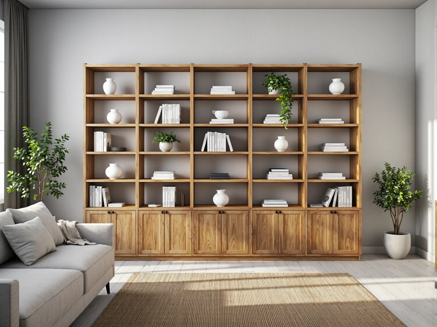 Duży regał drewniany dębowy z półkami i szafkami dolnymi