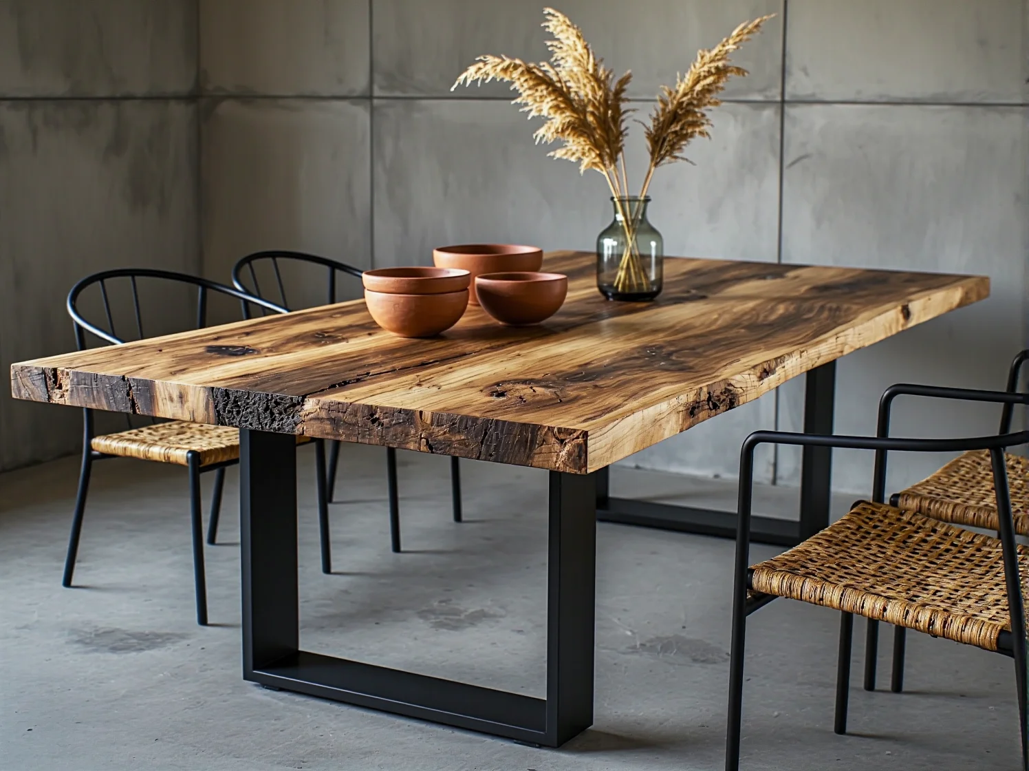 Regał industrialny z asymetrycznymi półkami eksponujący dekoracje.