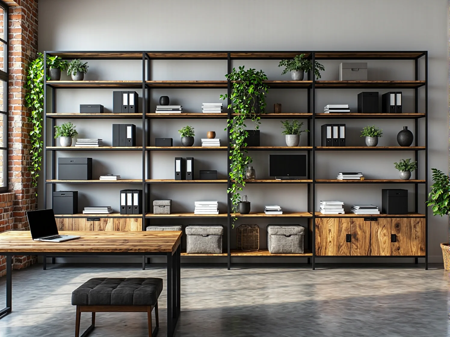 Regał industrialny z drewna i metalu z szafkami dolnymi