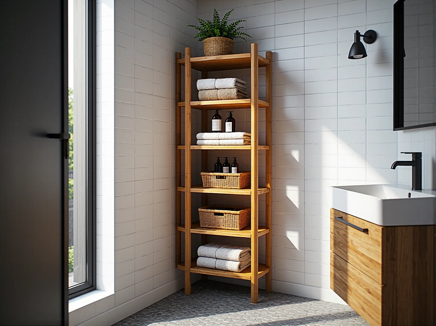 Drewniany regał łazienkowy z sześcioma półkami w kolorze dębu