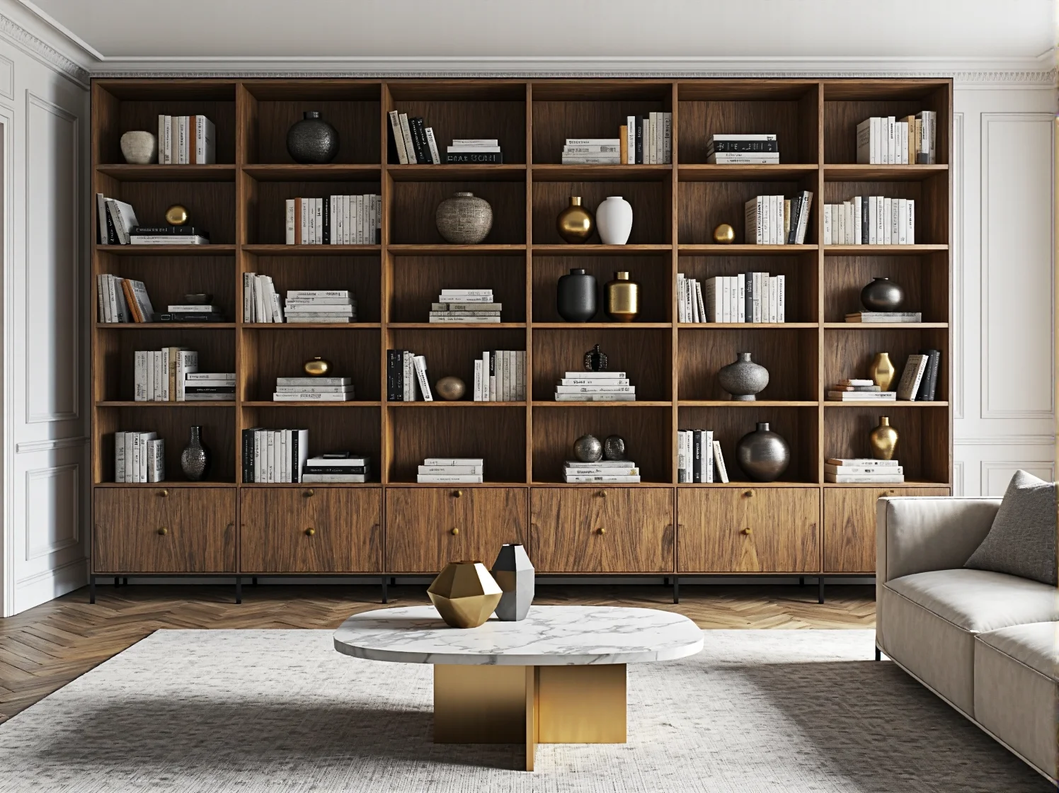 Duży regał ścienny orzechowy z otwartymi półkami i szafkami