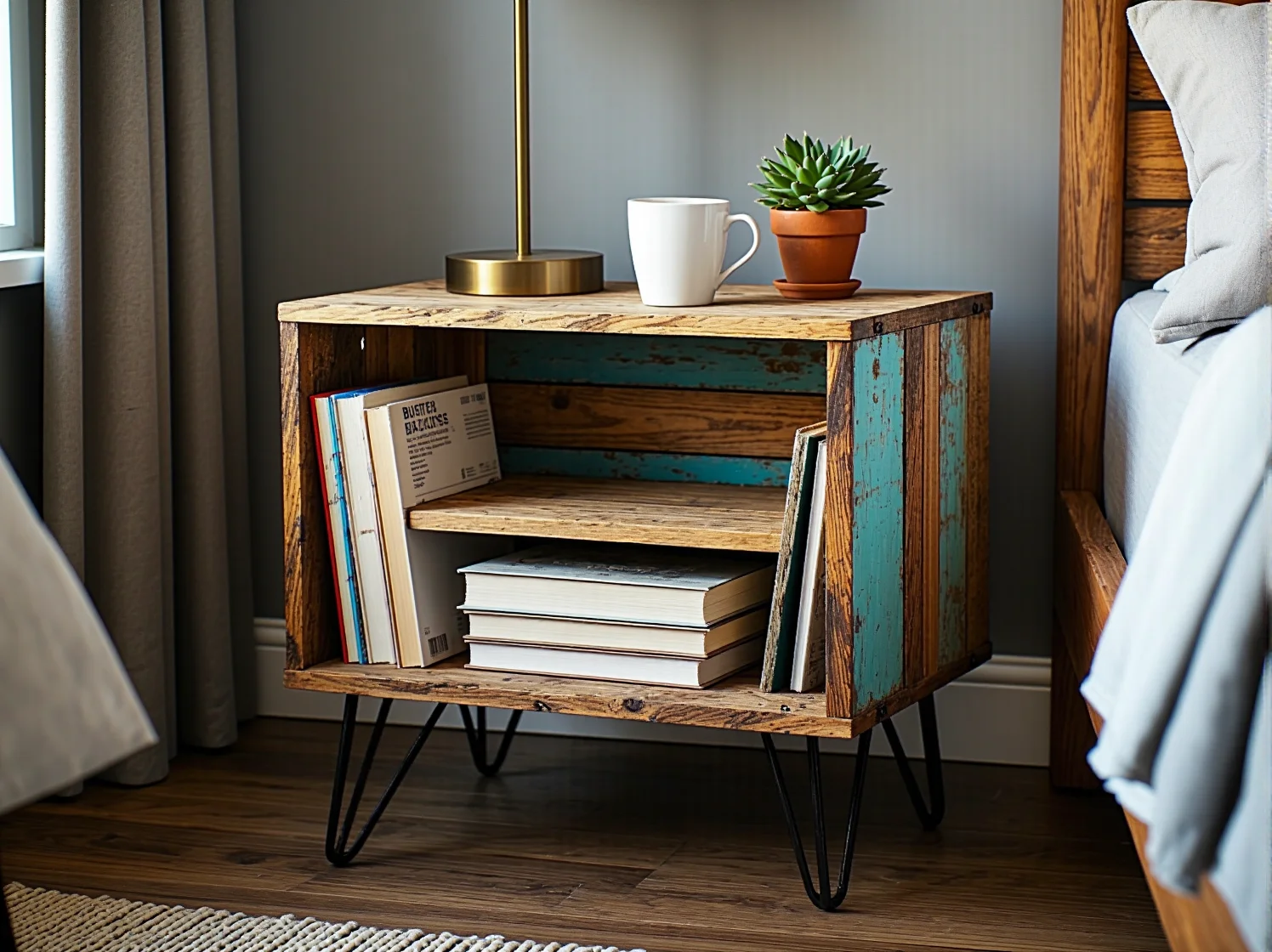 Regał na książki z drewnianych skrzynek po owocach w salonie. Ekologiczne meble DIY.