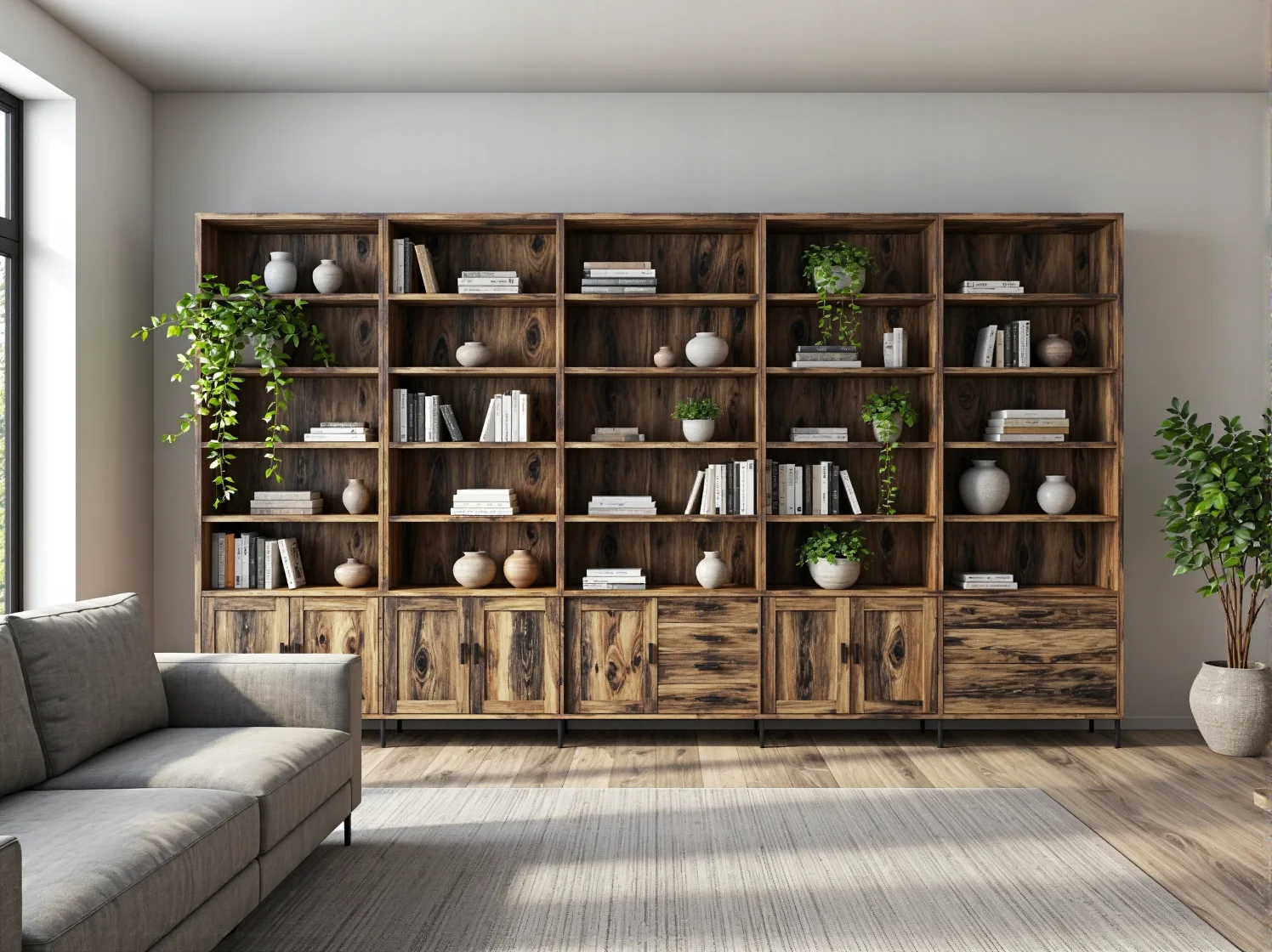 Duży regał biblioteczny z drewna orzechowego z szafkami dolnymi