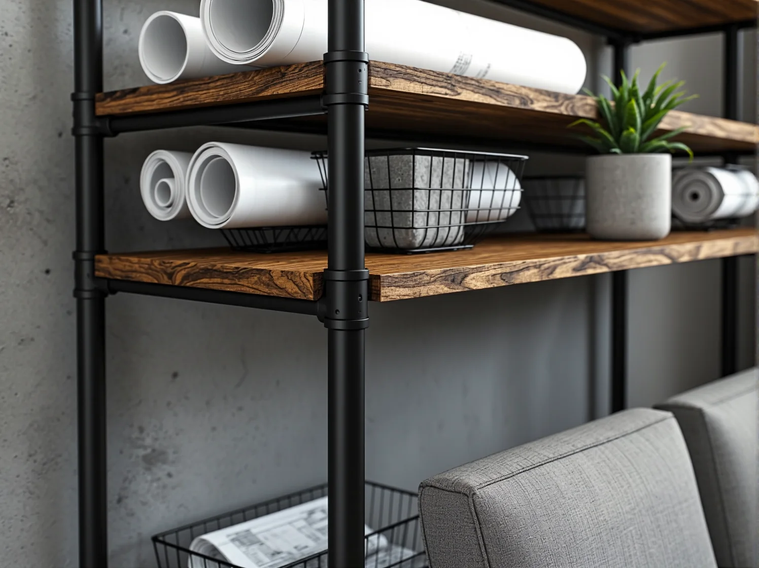 Drewniano-metalowe regały biurowe organizujące segregatory.