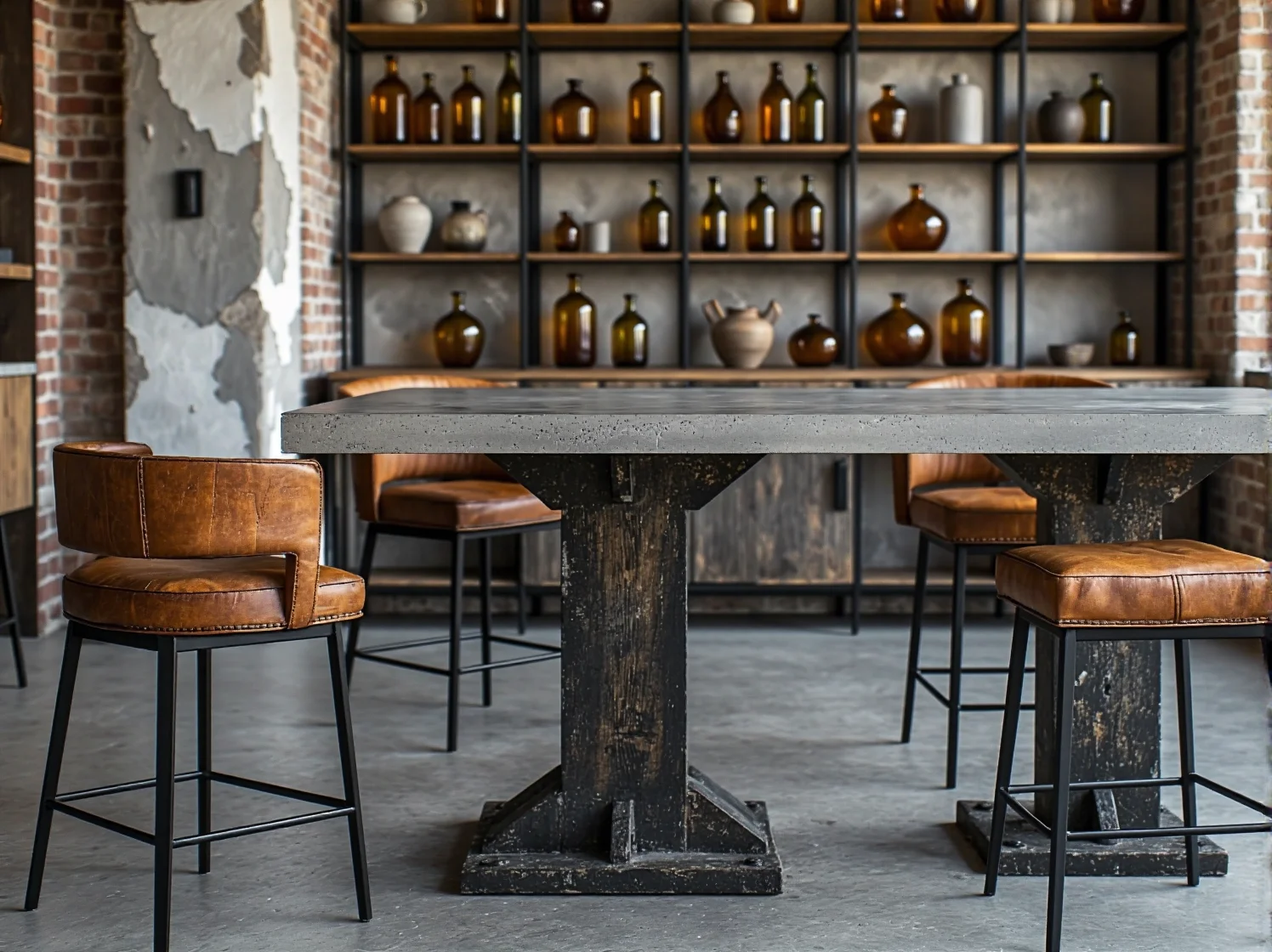 Restauracja w hotelu loftowym z drewnianymi stołami, metalowymi krzesłami i wiszącymi lampami.