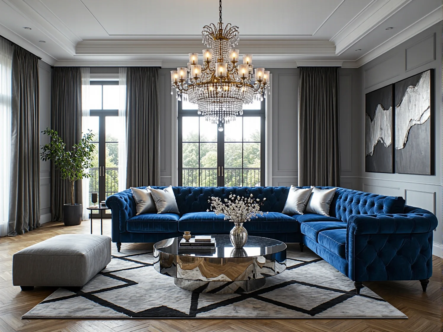 Narożnik tapicerowany niebieski pikowany w stylu chesterfield